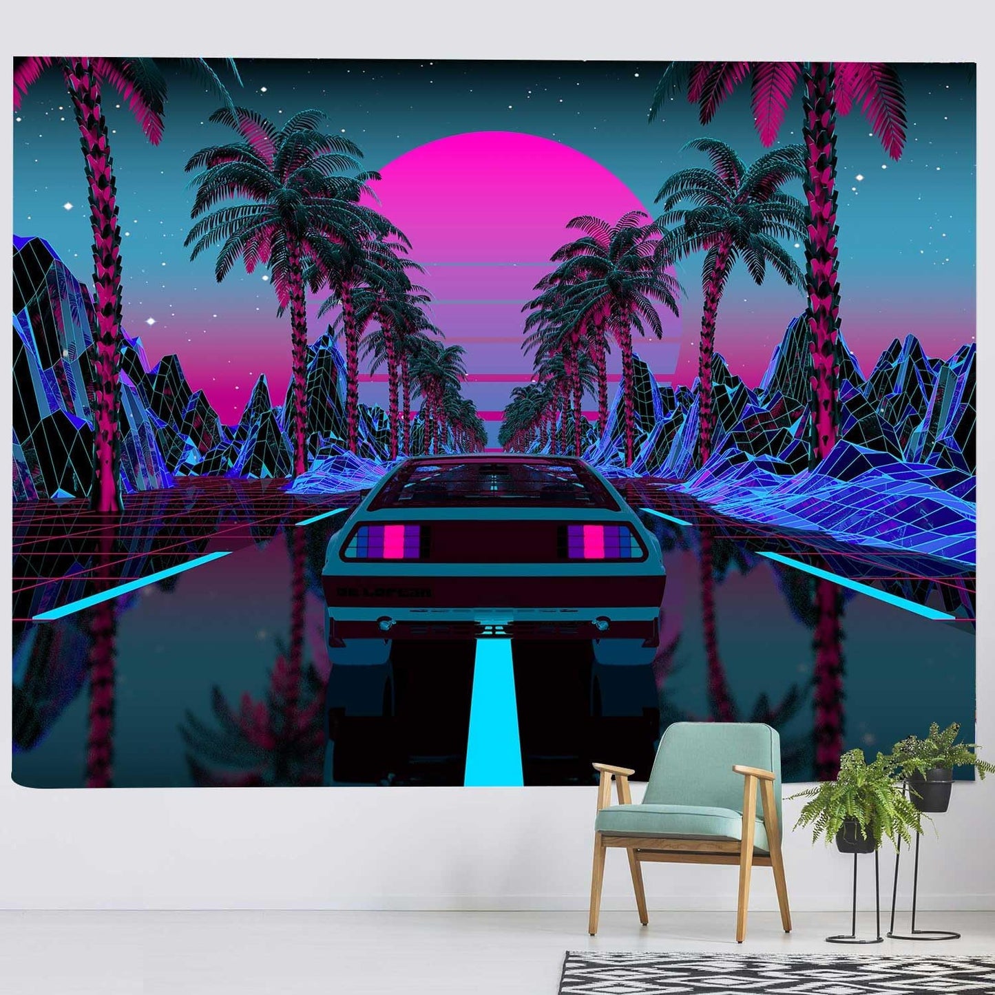 Ine Ive Urban Street Scene Tapestry Cars Palm Trees Sunset Starry Sky Wall Decoration Psychedelic Colorful Punk Tapestry for Living Room Bedroom Decor (#1, 90 * 84)