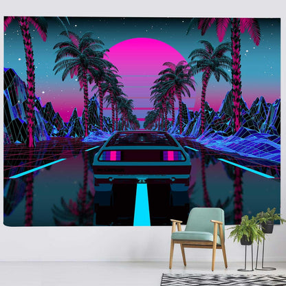 Ine Ive Urban Street Scene Tapestry Cars Palm Trees Sunset Starry Sky Wall Decoration Psychedelic Colorful Punk Tapestry for Living Room Bedroom Decor (#1, 90 * 84)