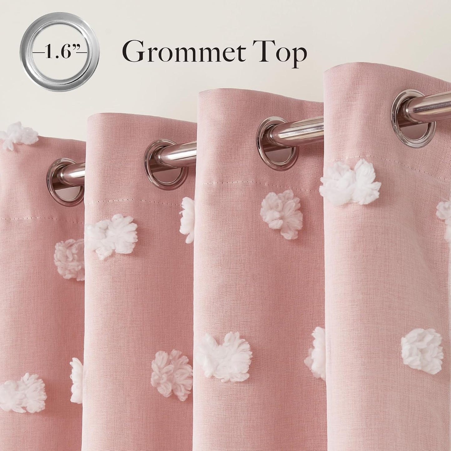RYB HOME Room Darkening Pink Pom Pom Curtains for Nursery, Double Layer | Sheer Overlay, Cute Princess Style Decor, For Baby Girls Toddler Room, With 2 Bow Tie Backs,W52 x L63,2 Panels