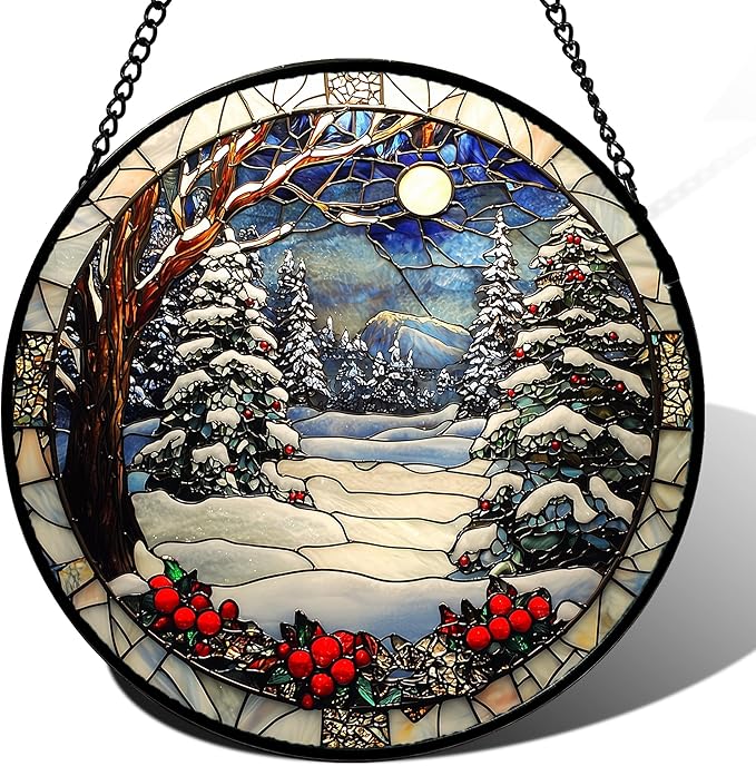 DASTOLL Stained Glass Window Hanging Christmas Tree Winter Snow Night Scenery by DASTOLL