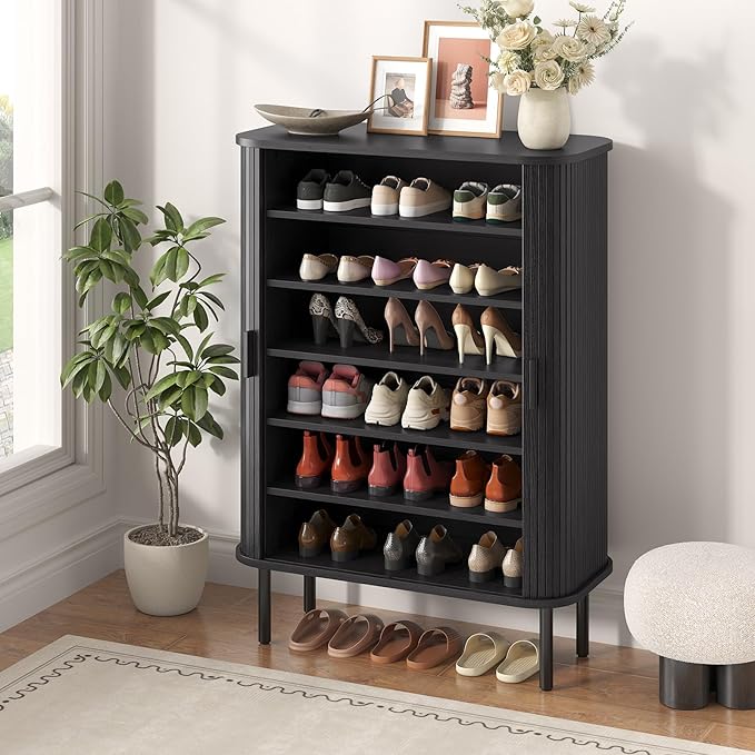 Shoe Storage Cabinet with Adjustable Shelves, 6-Tier Mid-Century Modern Shoe - Image 4