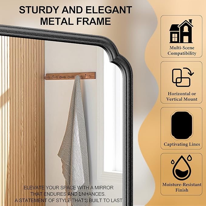 22x34 Inch Black Bathroom Mirror, Metal Framed Wall Mirror - Image 8