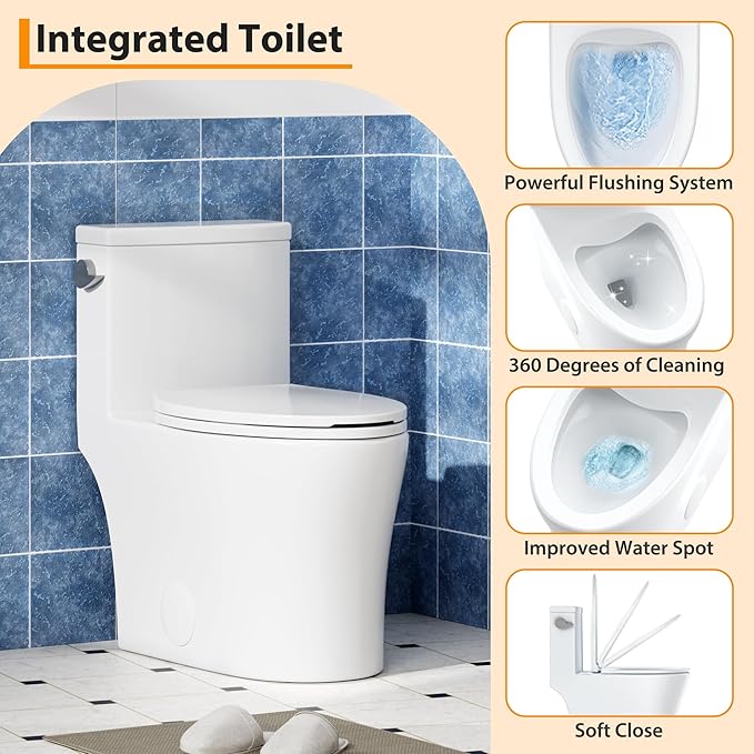One-Piece Toilet for Bathroom, Comfort Height 16", Elongated - Image 3