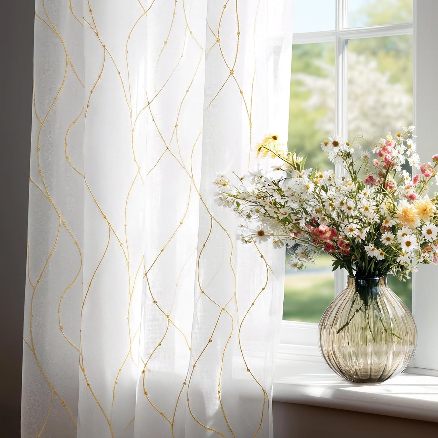 Deconovo Embroidered White Sheer Curtains for Bedroom, Grommet Top, Set of 2, 52W x 84L in per Panel, White Sheer Panels with Gold dots and line Embroidery