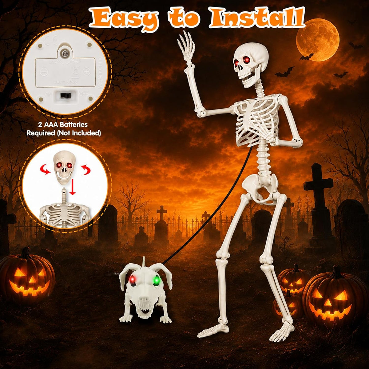 36'' Halloween Skeleton Decoration with Dog: Posable Skeleton Glowing...