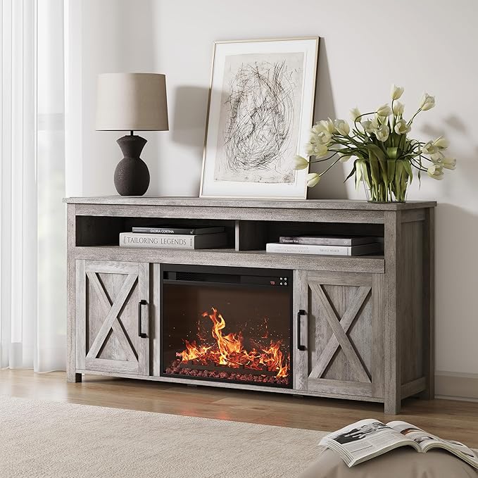 BELLEZE Barn Door Wood Electric Fireplace TV Stand by BELLEZE