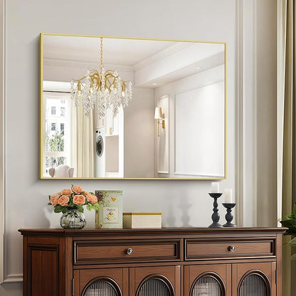 30x40In Gold Bathroom Mirror for Wall, Brushed Gold Rectangle Mirrors by Welcometocofeny