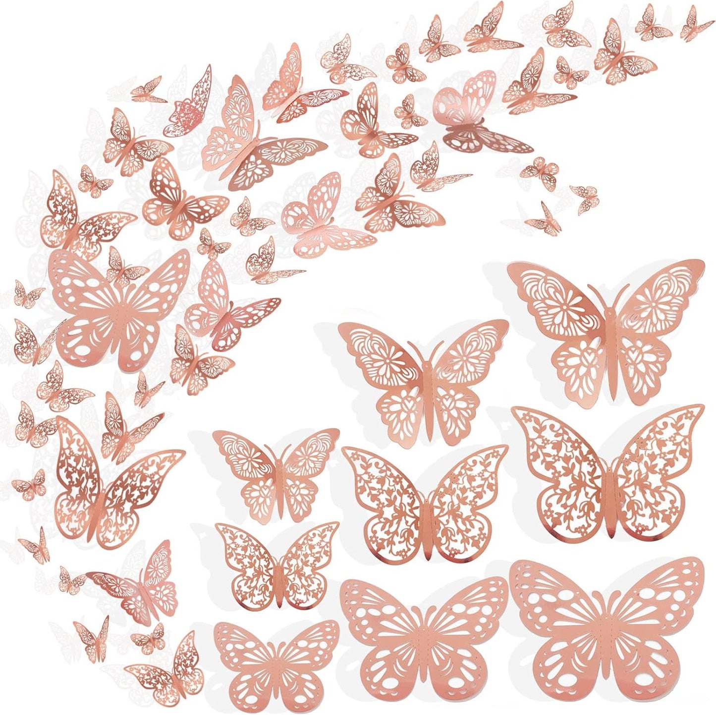 36 Pcs Butterfly Wall Decor, 3 Styles 3 Sizes 3D Rose Gold Butterfly, Wedding & Birthday Party Decorations, Girls Bedroom Decoration