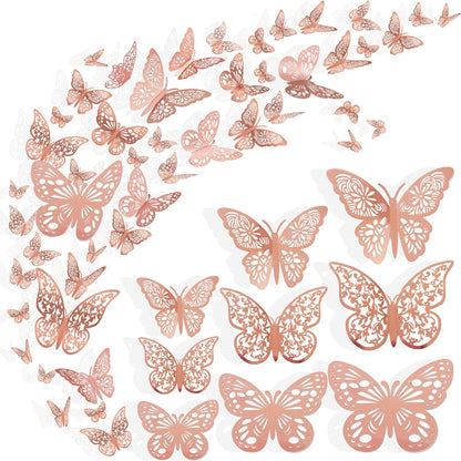 36 Pcs Butterfly Wall Decor, 3 Styles 3 Sizes 3D Rose Gold Butterfly, Wedding & Birthday Party Decorations, Girls Bedroom Decoration