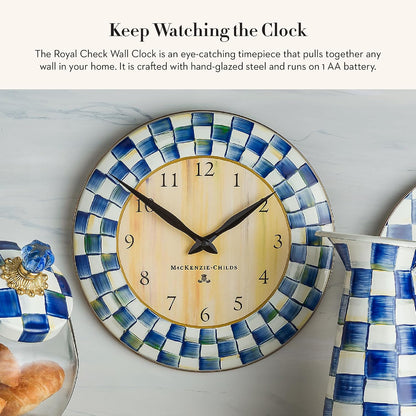 MACKENZIE-CHILDS Wall Clock, Blue-and-White Royal Check | Hand-painted design, made from enameled steel, decorative room clock, requires one AA battery (not included), 12" dia.