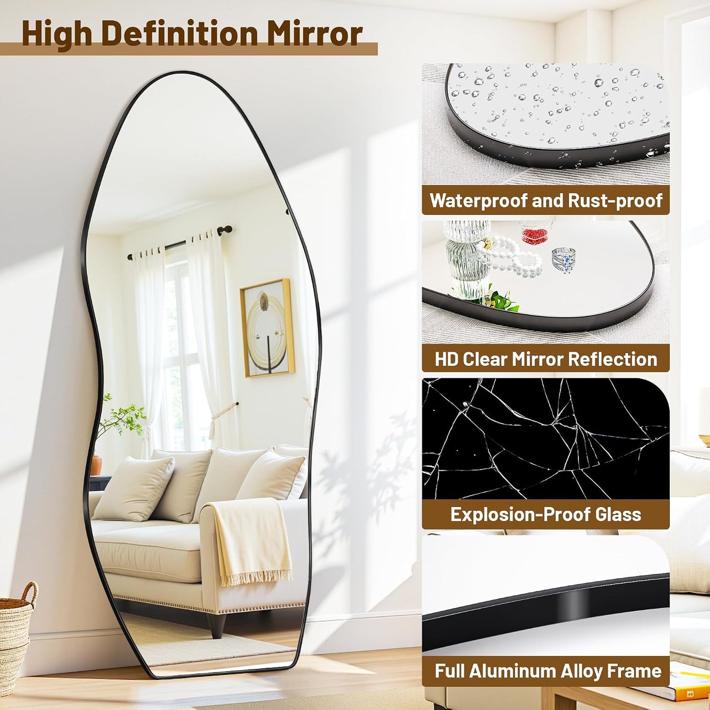 Antok Irregular Full Length Mirror, 76"x36" Asymmetrical Floor Mirror with Stand, Standing Hanging Leaning Irregular Mirrors for Bedroom Living Room Entryway, Wavy Shaped, Black
