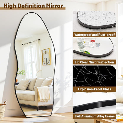 Antok Irregular Full Length Mirror, 76"x36" Asymmetrical Floor Mirror with Stand, Standing Hanging Leaning Irregular Mirrors for Bedroom Living Room Entryway, Wavy Shaped, Black