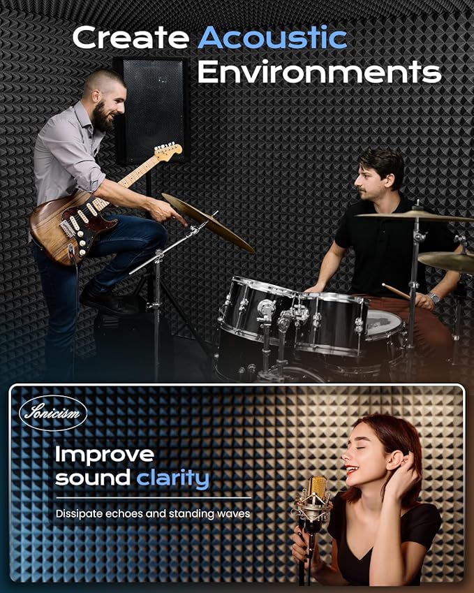 Sonicism Soundproof Wall Panels Self-Adhesive Pyramid 48 Pack, Sound Absorption - Image 5