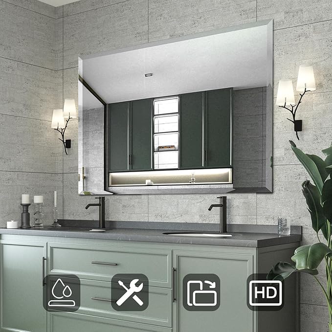 Mirrorons Beveled Mirror, Bathroom Mirrors 48" x 30", Frameless Rectangle - Image 2
