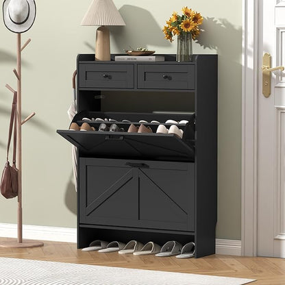Shoe Cabinet with 2 Flip Drawers & 2 Storage Drawers, Rustic Farmhouse Narrow - Image 3