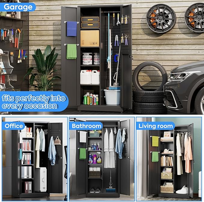 SUXXAN Broom Closet Storage Cabinet, 61.6" x 11.7" x 27.5" Metal Cleaning - Image 3