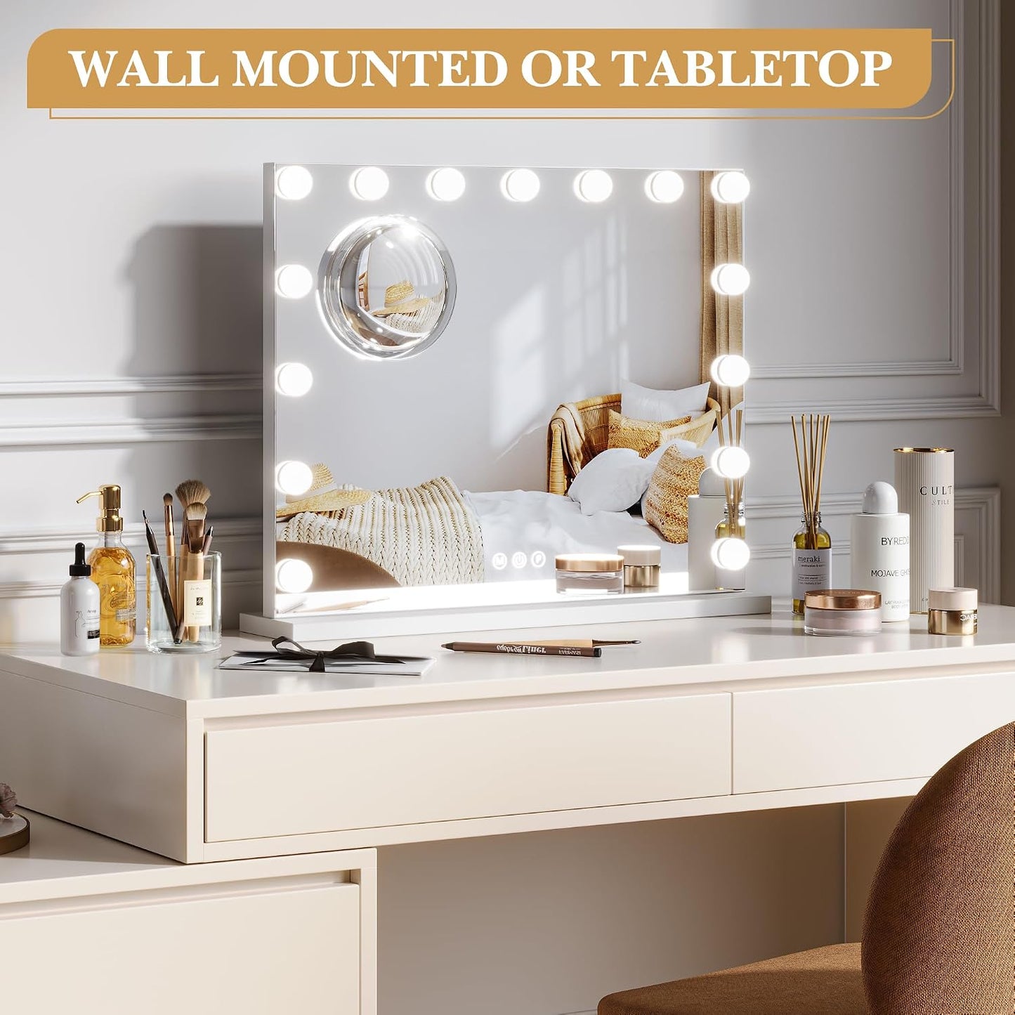 IDEALHOUSE Vanity Mirror with Lights, 15 Dimmable LED Bulbs, 3 Color Modes, Stepless Dimming, Touch Control, USB Charging Port, Tabletop or Wall Mount, 3X Mirror