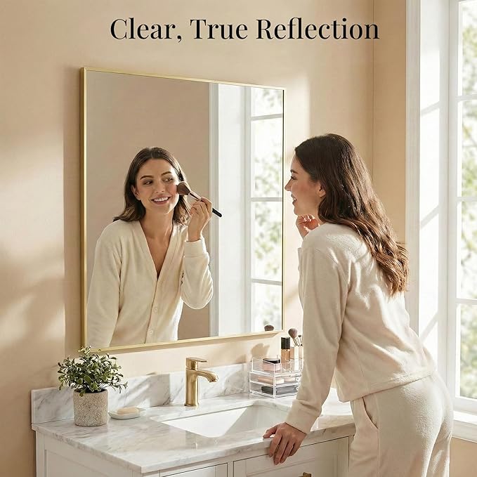 30"x30" Gold Square Mirror for Wall, Metal Framed Bathroom Vanity Mirror - Image 5