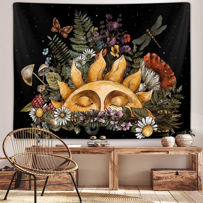 Boho Sun Extra Large Tapestry for Bedroom Aesthetic, Vintage Mushroom Botanical Plant Art Tapestries Wall Hanging for College Dorm Living Room Decor 90X70, Fairy Galaxy Poster Blanket