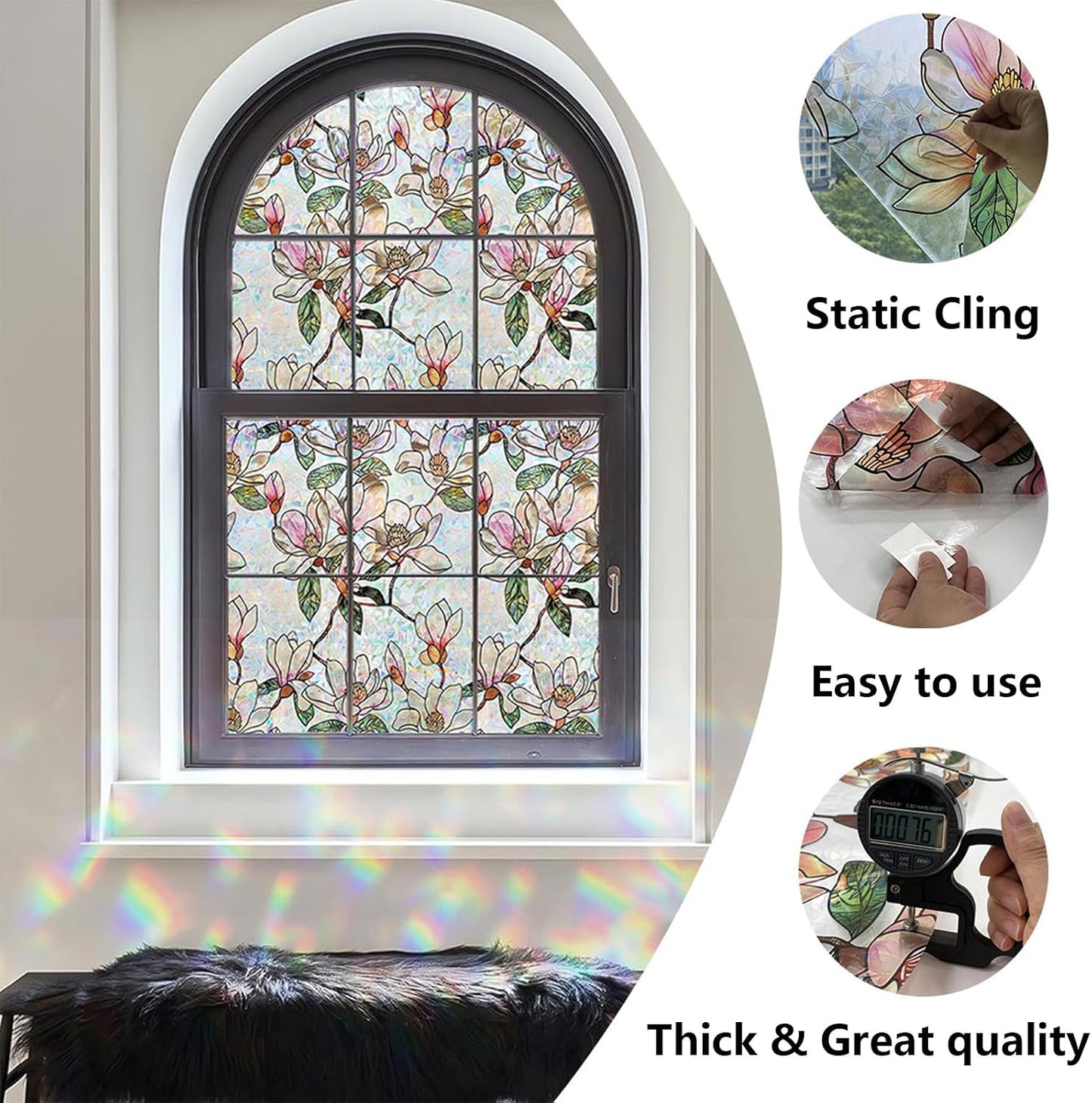 Window Privacy Film, Stained Glass Rainbow Stickers 17.5"x78.7" | 3D Colorful Static Cling Window Film, UV Blocking Heat Control Non-Adhesive, Day Night Privacy for Front Door Bathroom Office