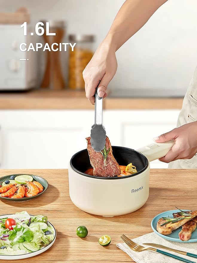 Hot Pot Electric With Steamer, 1.6L Ramen Cooker Non-Stick Sauté Pan - Image 4