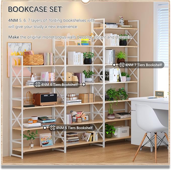 4NM 7 Tiers No Assembly Book Shelves, 72.4" H Folding Bookshelf Bookcase Open - Image 5