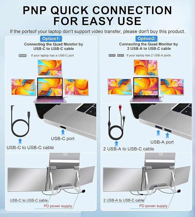 FOPO 16" Laptop Screen Extender Monitor Portable, Quad Monitor, Just 1 Cable - Image 4