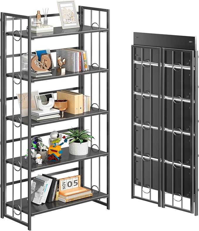 4NM No Assembly 5 Tiers Folding Bookshelf, 59.4" H Foldable Storage Shelves by 4NM