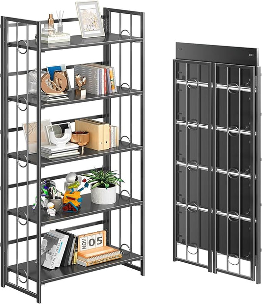 4NM No Assembly 5 Tiers Folding Bookshelf, 59.4" H Foldable Storage Shelves by 4NM