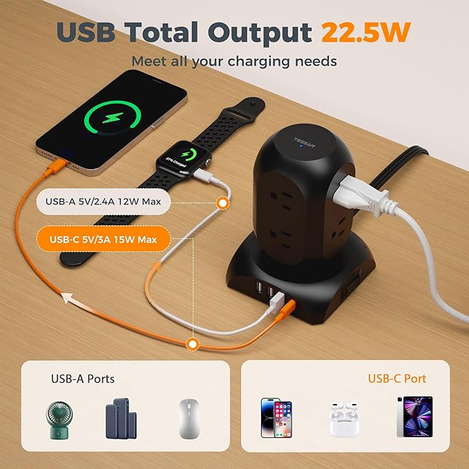 Black Surge Protector Power Strip Tower, TESSAN Flat Plug Extension Cord 10Ft - Image 3