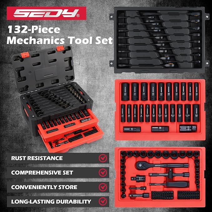 Premium 132-Piece Mechanics Tool Set, SAE/Metric 1/4" & 3/8" Drive Socket Set - Image 8