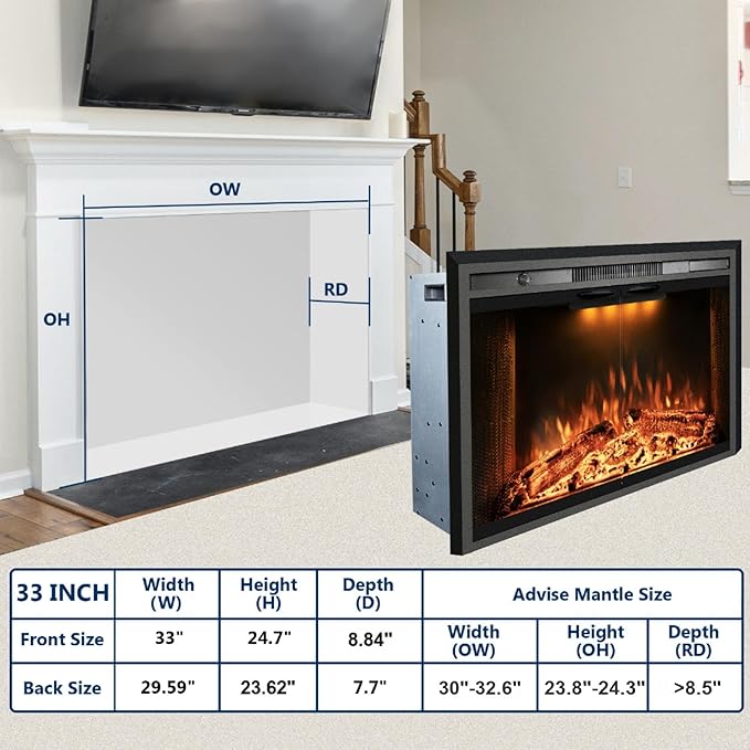 33 Inches Electric Fireplace Insert, 750W/1500W Fireplace Heater - Image 6