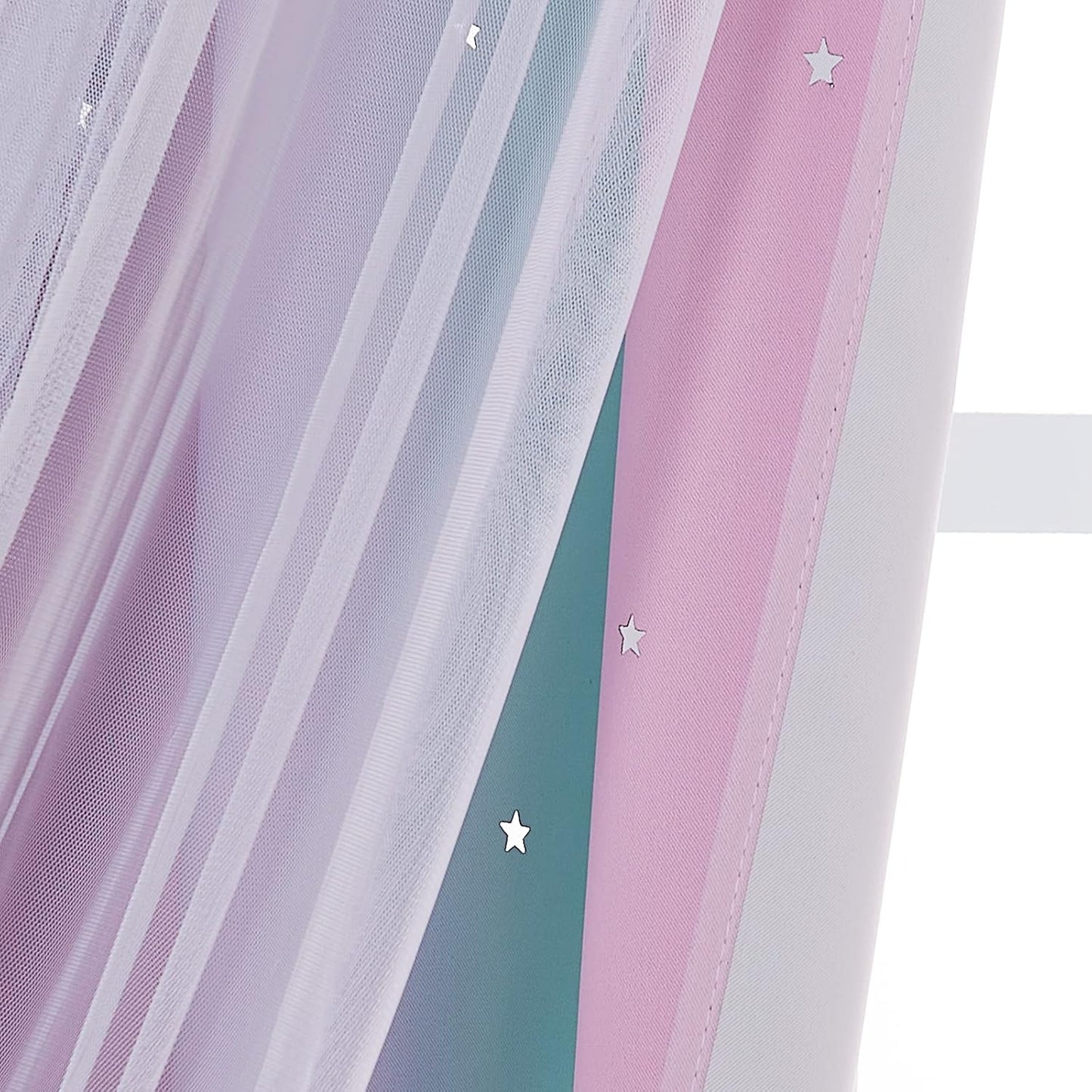 NICETOWN Baby Room Decor, White Gauze & Blackout Drapes Assembled, Star Cut Romantic and Colorful Curtains with Versatile Styling Options for Birthday Party (Blue & Purple & Pink, Each is W52 x L84)