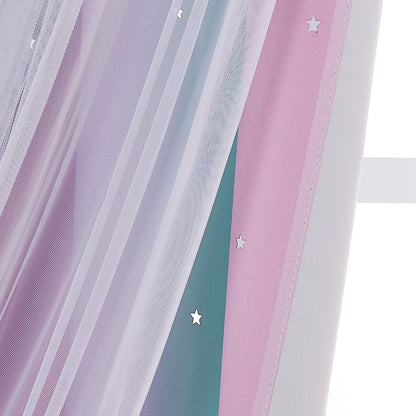 NICETOWN Baby Room Decor, White Gauze & Blackout Drapes Assembled, Star Cut Romantic and Colorful Curtains with Versatile Styling Options for Birthday Party (Blue & Purple & Pink, Each is W52 x L84)