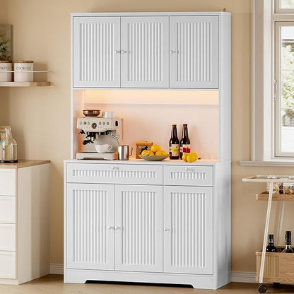 Pantry Cabinet with Charging Station and Light, Tall Kitchen Pantry Storage by BORNOON