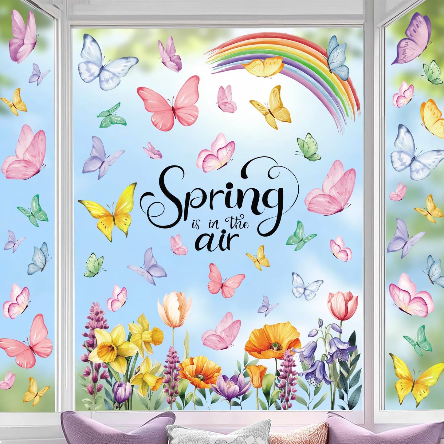 CCINEE 8 Sheets Spring Window Clings, Watercolor Butterfly Floral Decals Reusable Double-Sided Window Stickers for Home School Office Windows Glass Door Decor Party Supplies