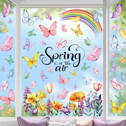 CCINEE 8 Sheets Spring Window Clings, Watercolor Butterfly Floral Decals Reusable Double-Sided Window Stickers for Home School Office Windows Glass Door Decor Party Supplies