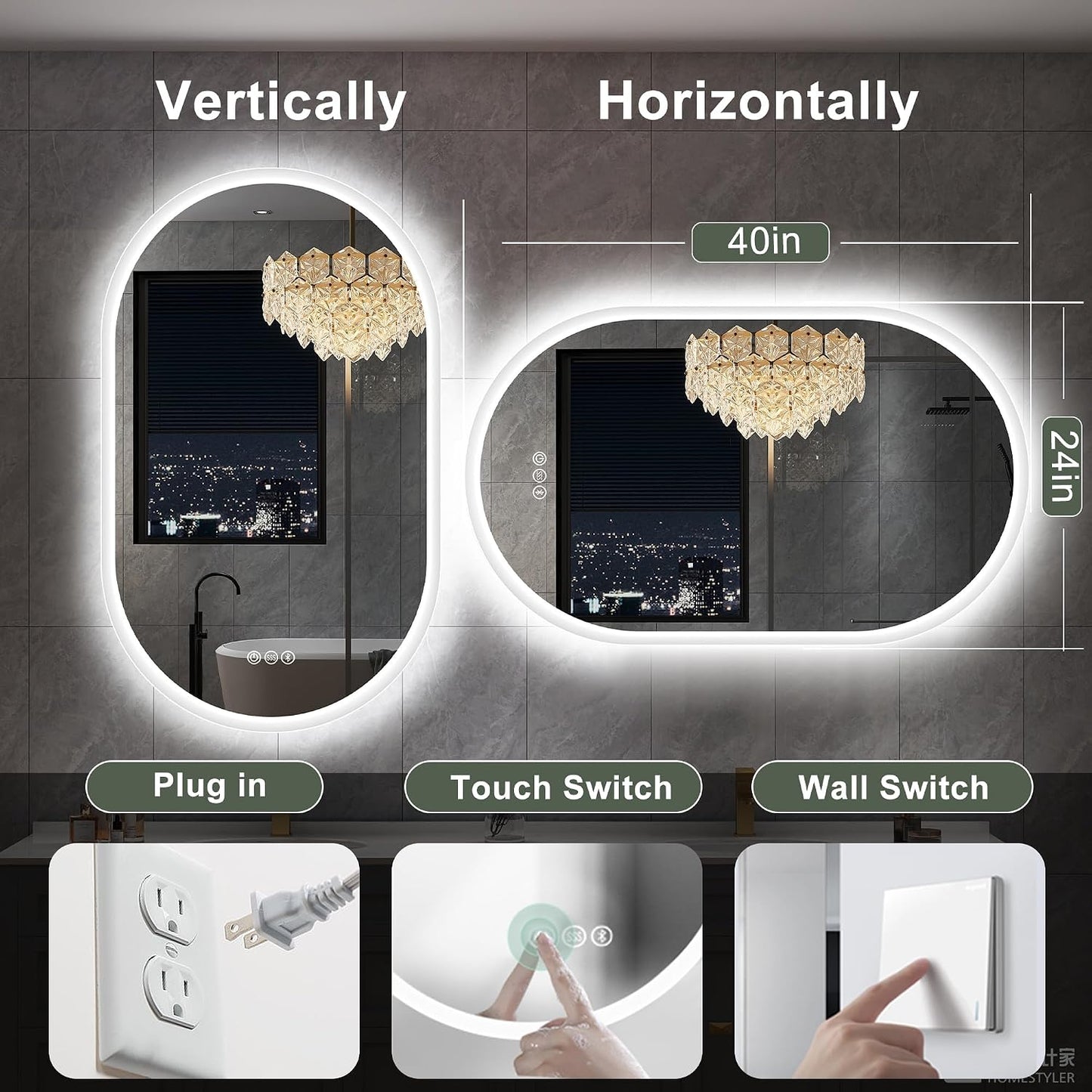 S'bagno 24x40 Oval LED Bathroom Mirror with Lights, Anti-Fog, Bluetooth Speaker, 3 Colors Temperature & Dimmable, Lighted Mirrors for Bathroom Wall with Memory Function, Waterproof, Shatter-Proof