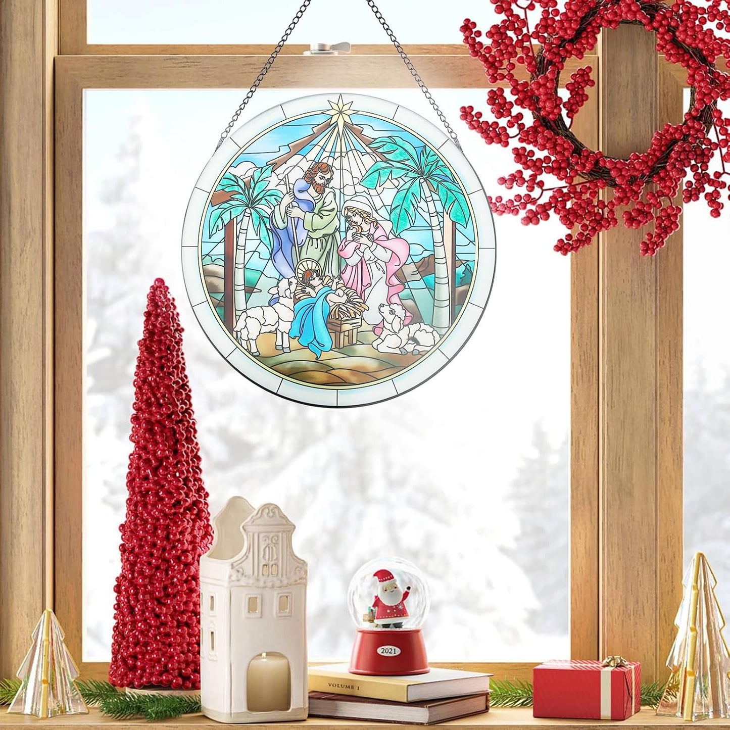 MUMTOP Nativity Stained Glass Window Hanging Christmas Wall Decor | Nativity scene glass suncatcher, hand-painted textured artwork, Christmas window decor and religious wall art