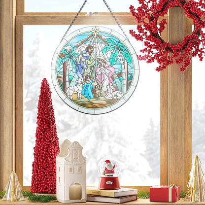 MUMTOP Nativity Stained Glass Window Hanging Christmas Wall Decor | Nativity scene glass suncatcher, hand-painted textured artwork, Christmas window decor and religious wall art