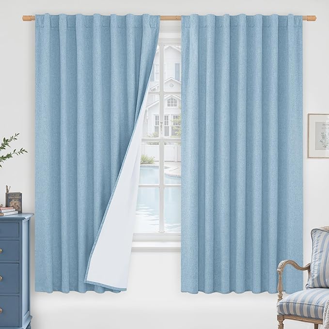 LAMIT 100% Blackout Linen Curtains 63 Inches Long, Linen Textured Living Room by LAMIT