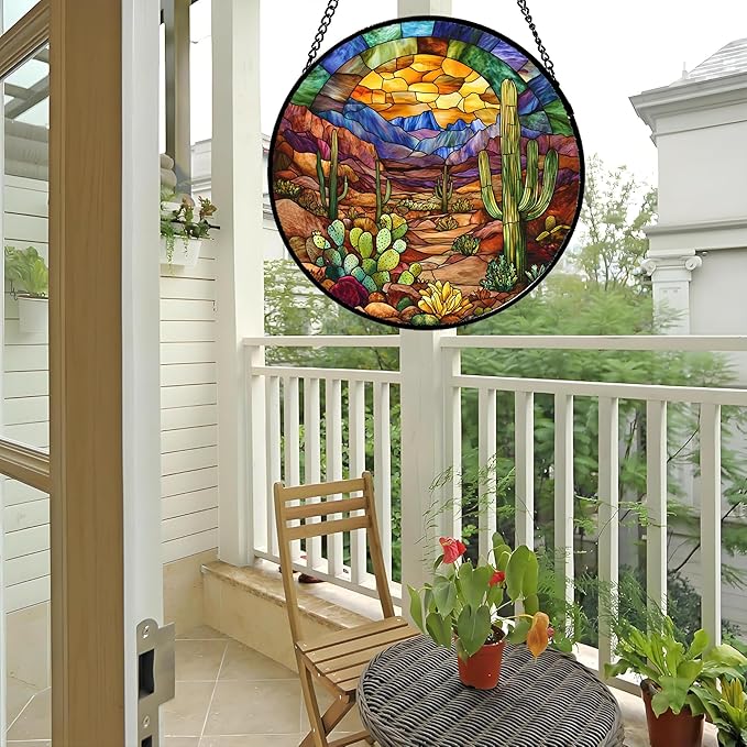 CRISGIF Stained Glass Window Hanging Cactus Mountains Landscape 6.3" - Image 5