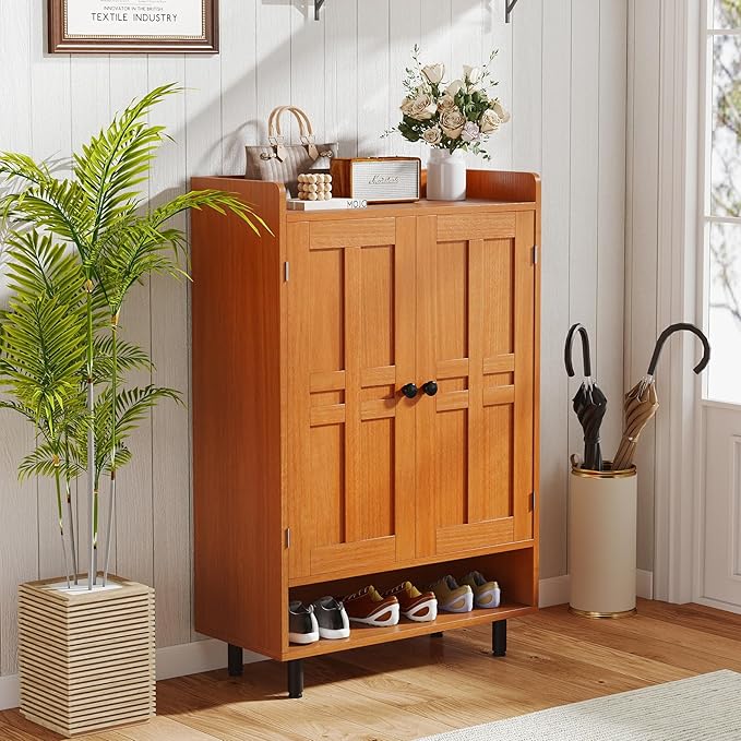 Farmhouse Shoe Cabinet with Doors, 6-Tier Wooden Shoe Organizer with Adjustable - Image 3