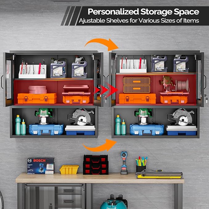 VINGLI Metal Wall Cabinet with Locking Glass Doors & Magnetic LED Sensor Light - Image 5