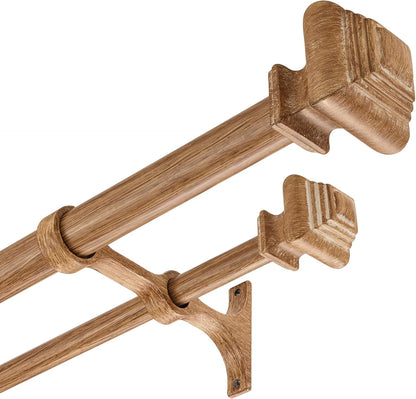Double Curtain Rods for Windows 36 to 72 Inches, Heavy Duty Double Curtain Rod with Square Retro Finials and Double Aluminum Bracket, Adjustable Double Rod for Curtains,Light Wood Grain