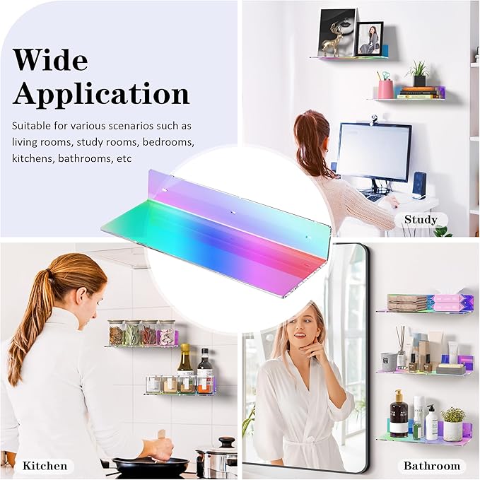 2 Pack Iridescent Acrylic Floating Shelves 15 Inches, Wall Hanging Bathroom - Image 6