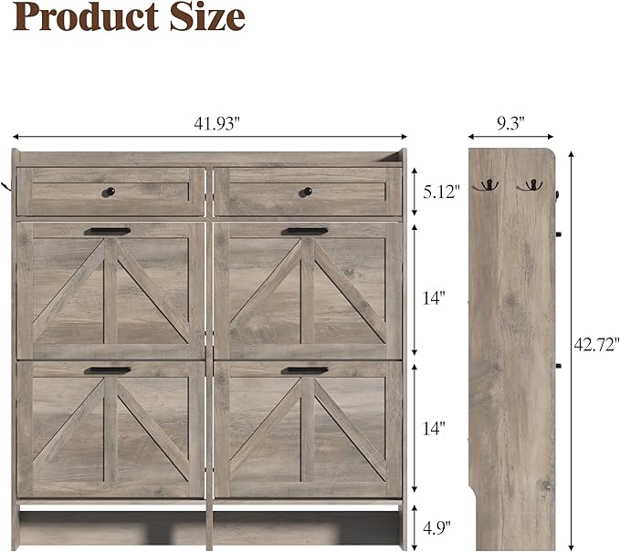 Shoe Cabinet with 4 Flip Drawers & 2 Storage Drawers, Rustic Farmhouse Narrow - Image 2