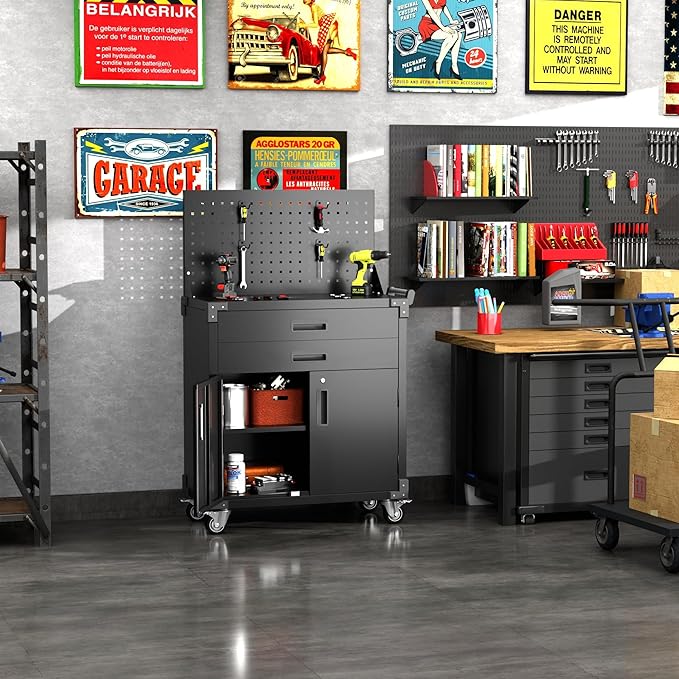 SUXXAN Black Tool Cart with Pegboard and 4 Hooks, Garage Storage Cabinet on - Image 6