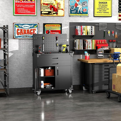 SUXXAN Black Tool Cart with Pegboard and 4 Hooks, Garage Storage Cabinet on - Image 6