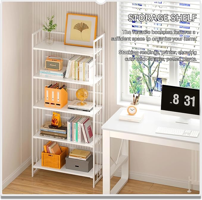 4NM No Assembly 5 Tiers Folding Bookshelf, 59.4" H Foldable Storage Shelves - Image 2